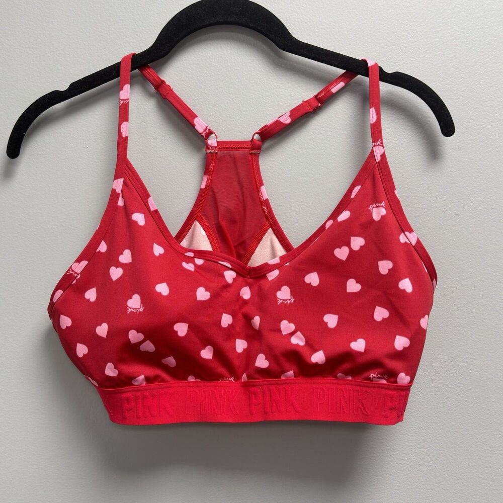 VICTORIAS SECRET  SPORTS BRA  LIGHTLY LINED PINK HEARTS RED EXTRA LARGE